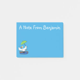Funny duck with umbrella dancing cartoon post-it notes