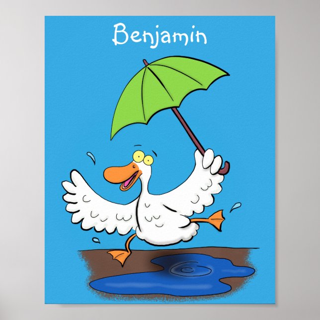 Funny duck with umbrella dancing cartoon poster (Front)