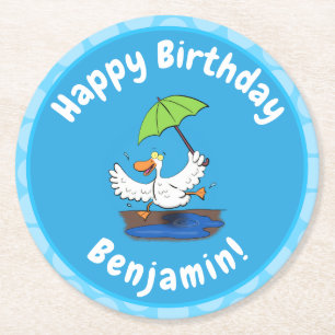 Funny duck with umbrella dancing cartoon round paper coaster