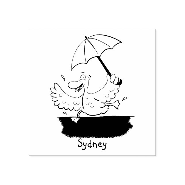 Funny duck with umbrella dancing cartoon rubber stamp (Imprint)