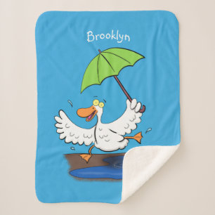 Funny duck with umbrella dancing cartoon sherpa blanket