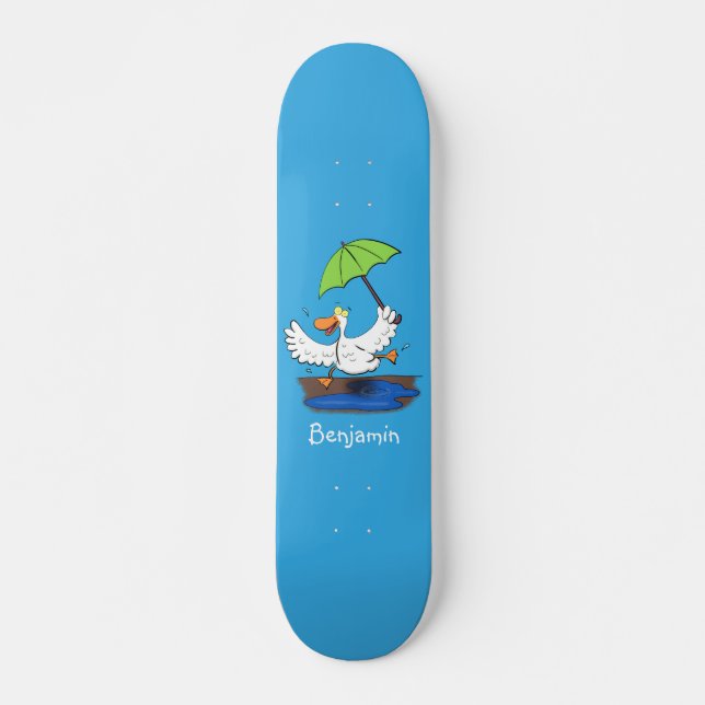 Funny duck with umbrella dancing cartoon skateboard (Front)