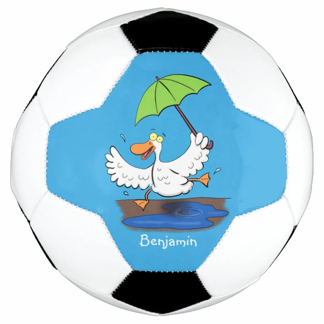 Funny duck with umbrella dancing cartoon soccer ball (Front)