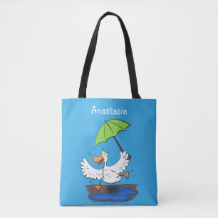 Funny duck with umbrella dancing cartoon tote bag