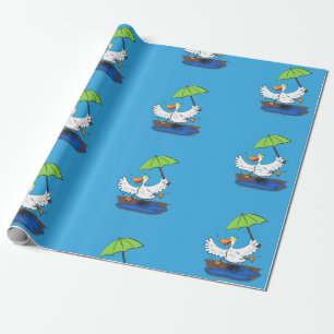 Funny duck with umbrella dancing cartoon wrapping paper
