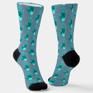 Funny Dusty Blue Teal Hand Print Pattern Socks