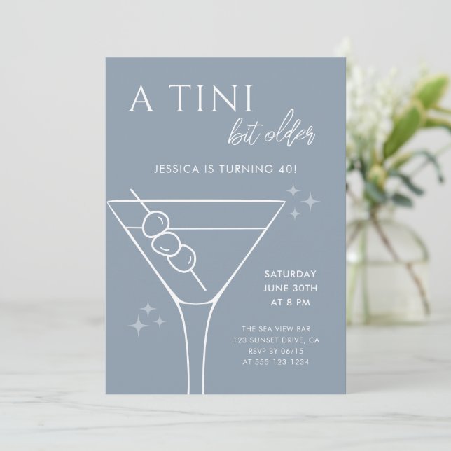 Funny Dusty Blue Tini Bit Older 40th Birthday Invitation (Standing Front)