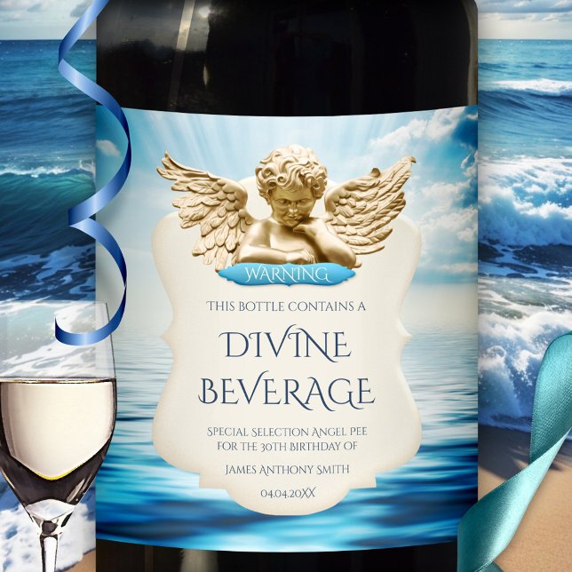 Funny Dutch Humour Angel Birthday Wine Label (Funny angel pee divine beverage ocean personalized wine label)