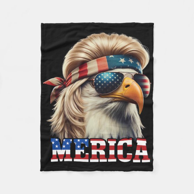 Funny Eagle Merica 4th July Blonde Wig Mullet Funn Fleece Blanket (Front)