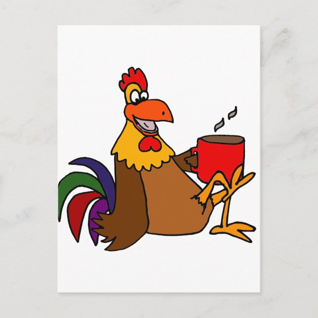 Funny Early Bird Rooster Drinking Coffee Postcard (Front)