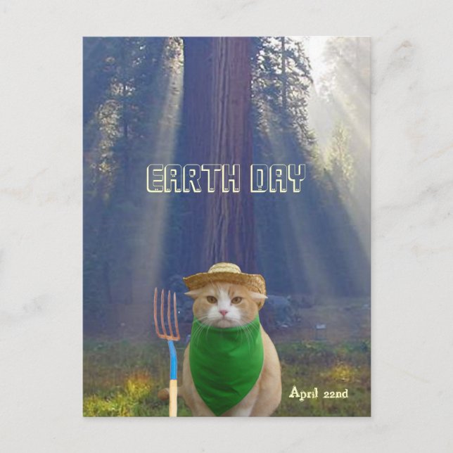 Funny Earth Day American Gothic Green Cat Postcard (Front)
