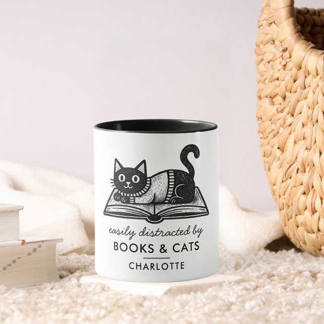 Funny Easily Distracted by Books and Cats Coffee Mug (Creator Uploaded)