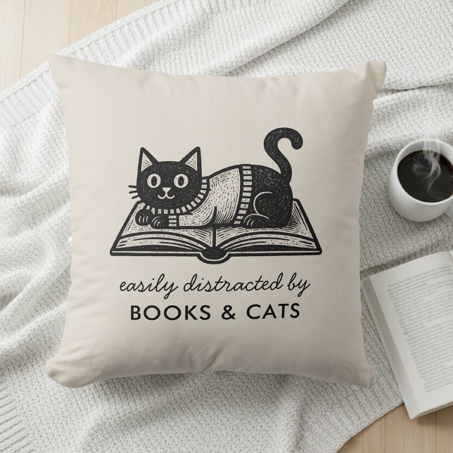 Funny Easily Distracted by Books and Cats  Cushion (Creator Uploaded)