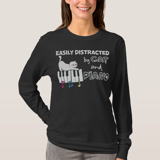 Funny Easily Distracted by Cat and Piano Musician T-Shirt (Front)