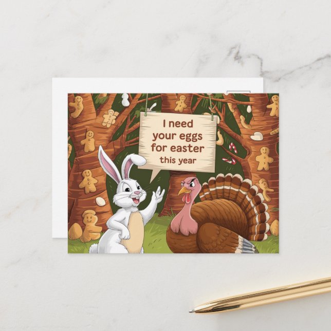 Funny Easter Bunny Asks Thanksgiving Turkey Eggs Postcard (Front/Back In Situ)