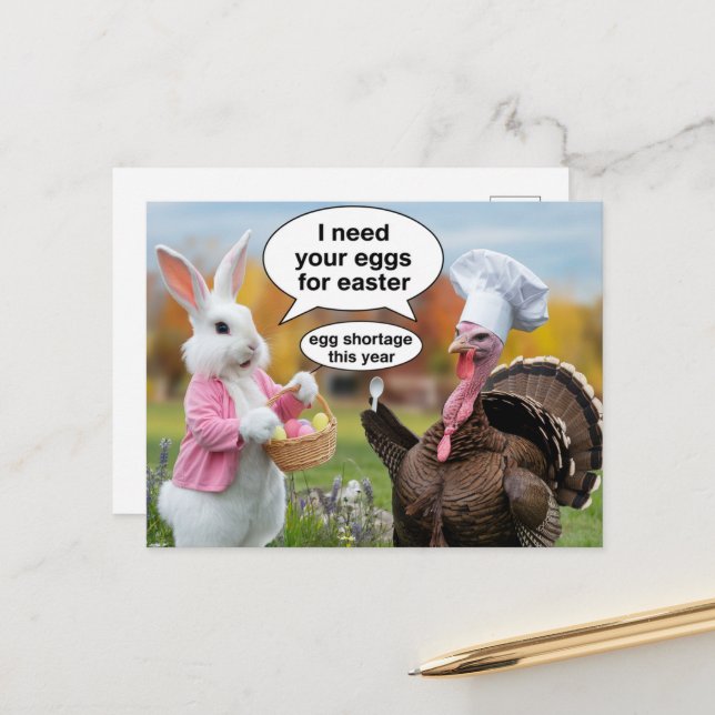 Funny Easter Bunny Asks Thanksgiving Turkey Eggs Postcard (Front/Back In Situ)
