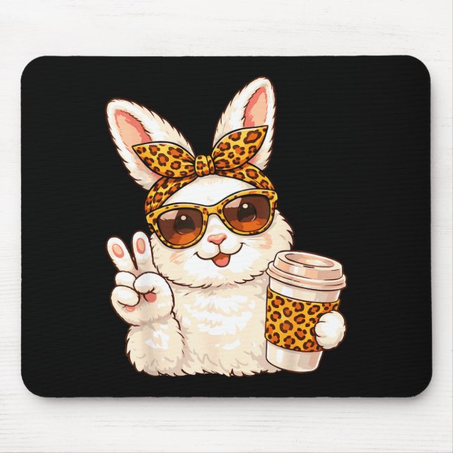 Funny easter bunny face glasses bandanna leopard mouse pad (Front)