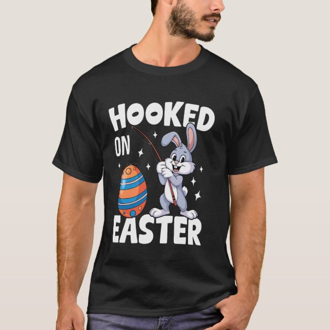 Funny Easter Bunny Fishing for Eggs Fun Holiday T-Shirt (Front)