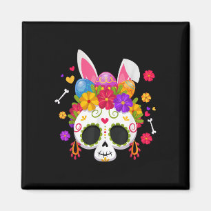 Funny Easter Bunny Sugar Skull Rabbit Ears Floral Magnet