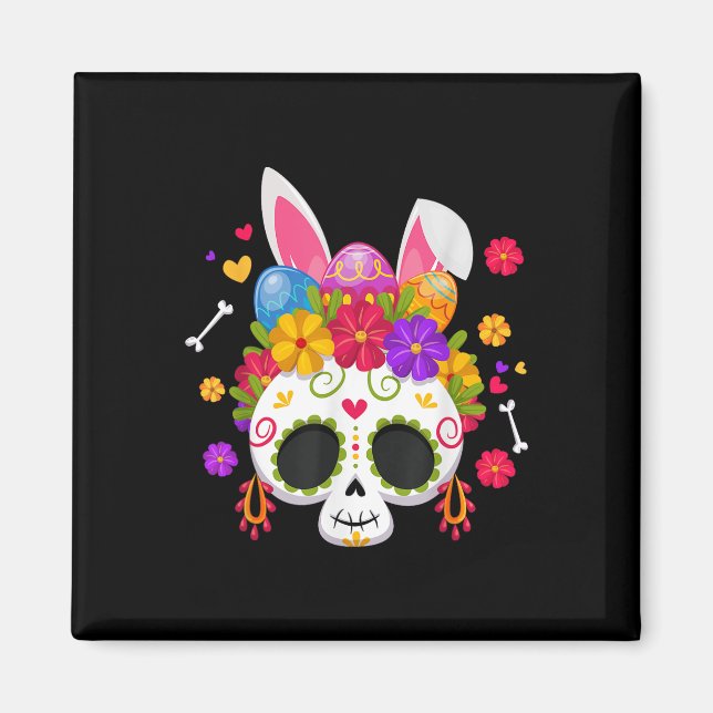 Funny Easter Bunny Sugar Skull Rabbit Ears Floral  Magnet (Front)