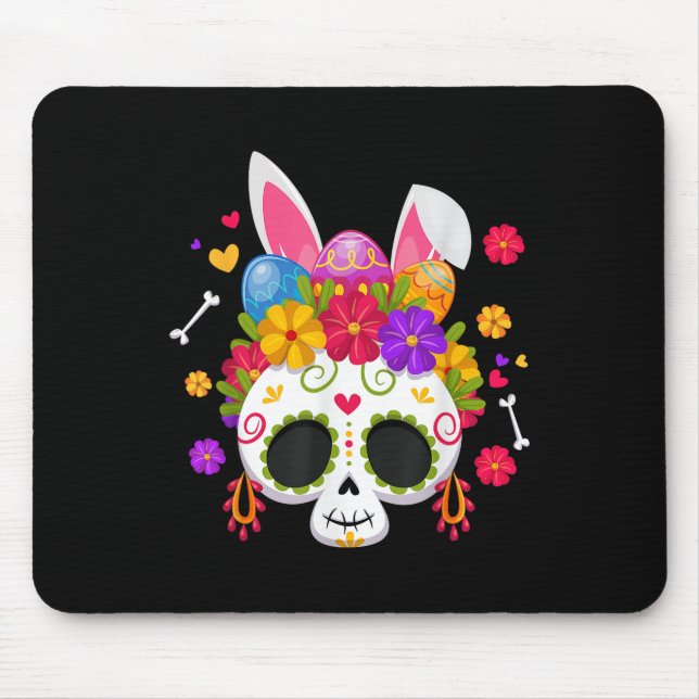 Funny Easter Bunny Sugar Skull Rabbit Ears Floral  Mouse Pad (Front)