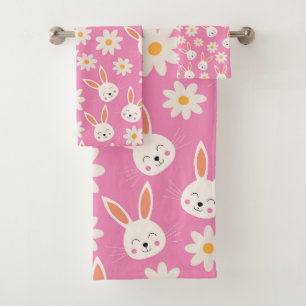 Funny Easter Bunny with White Flowers on Pink  Bath Towel Set