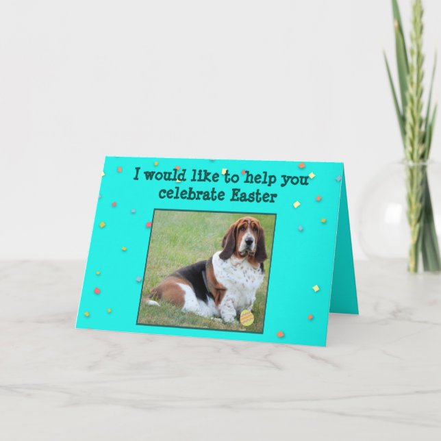 Funny Easter Card w/Basset Hound, Basket, & Candy (Front)