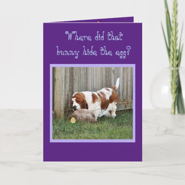 Funny Easter Card w/Basset Hound, Bunny, & Egg (Front)