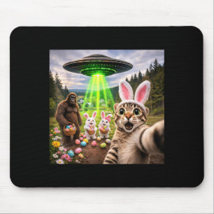Funny Easter Cat Selfie with Bigfoot and UFO Mouse Pad