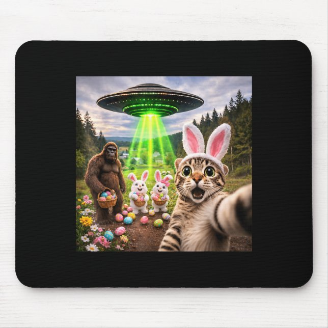 Funny Easter Cat Selfie with Bigfoot and UFO Mouse Pad (Front)