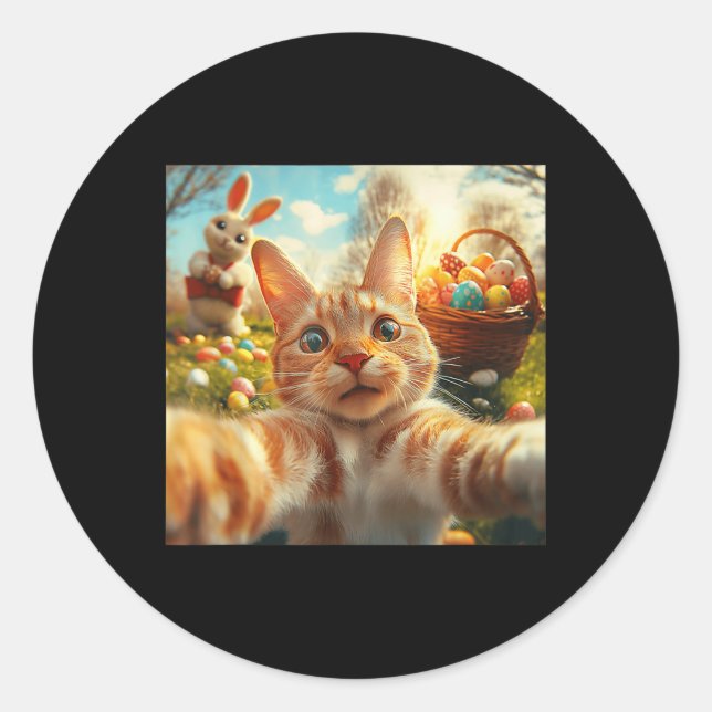 Funny Easter Cat Selfie With Easter Bunny Adults K Classic Round Sticker (Front)