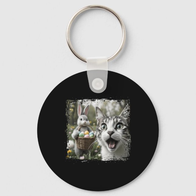 Funny Easter Cat Selfie With Easter Bunny Adults K Key Ring (Front)