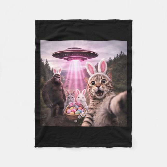 Funny Easter Cat Selfie with Rabbit Bunny Bigfoot Fleece Blanket (Front)