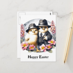Funny Easter Chicks Pink Yellow Flowers Postcard