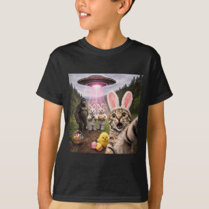 Funny Easter Day Cat Selfie with Bunny Bigfoot UFO T-Shirt