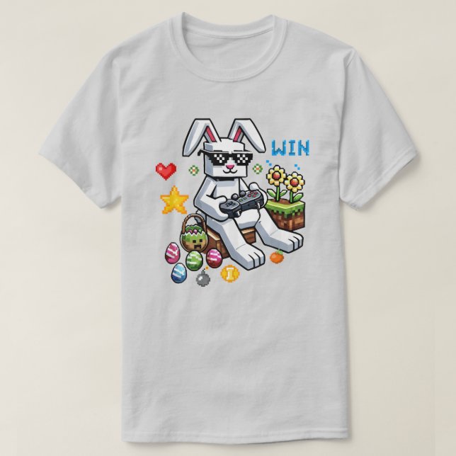 Funny Easter Gamer– Bunny Playing Video Games T-Shirt (Design Front)
