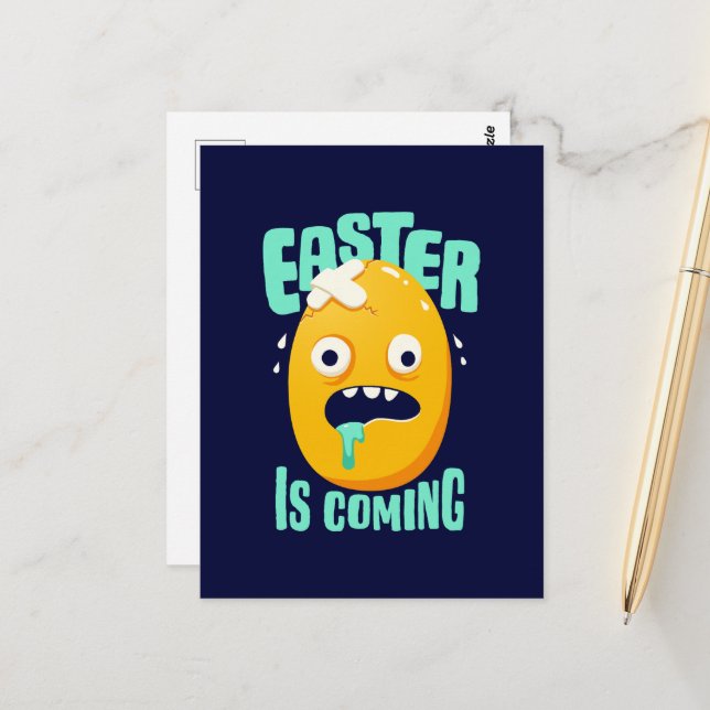 Funny Easter is Coming Yellow Egg Postcard (Front/Back In Situ)