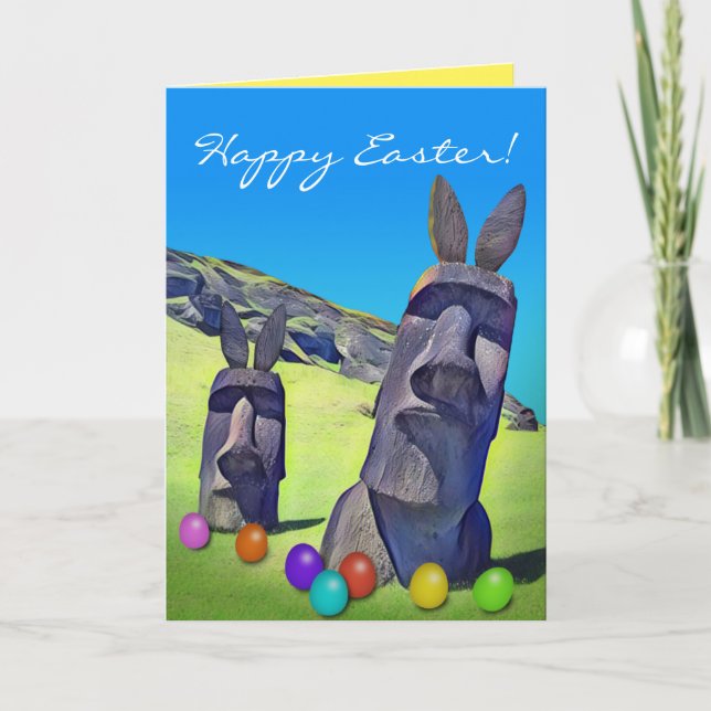 Funny Easter Island Bunnies With Easter Eggs Card (Front)