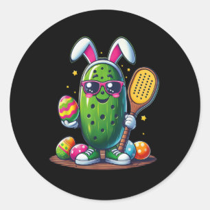 Funny Easter Pickle Playing Pickleball Paddle Bunn Classic Round Sticker