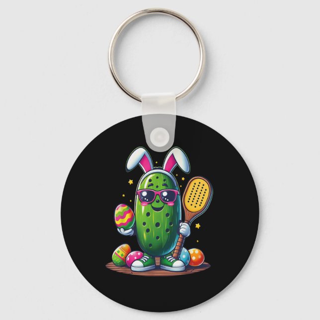 Funny Easter Pickle Playing Pickleball Paddle Bunn Key Ring (Front)