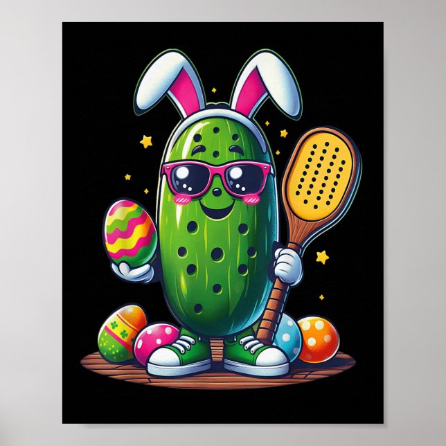 Funny Easter Pickle Playing Pickleball Paddle Bunn Poster (Front)