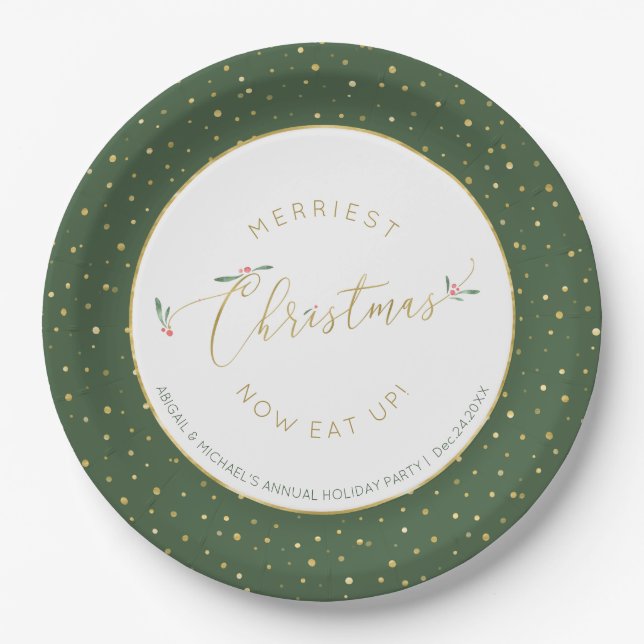Funny Eat Up Christmas Typography Green and Gold Paper Plate (Front)