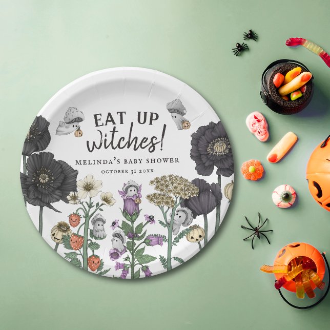 Funny Eat up Witches Halloween Baby Shower Paper Plate (Eat up witches Halloween party plates with flowers and cute mushroom ghosts)