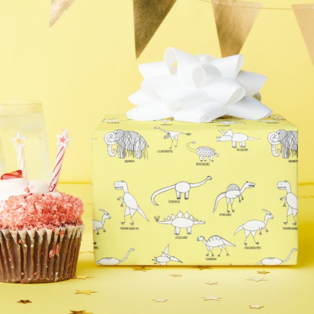 Funny Educational Dinosaur Dino Kids Yellow Wrapping Paper (Birthday Party)