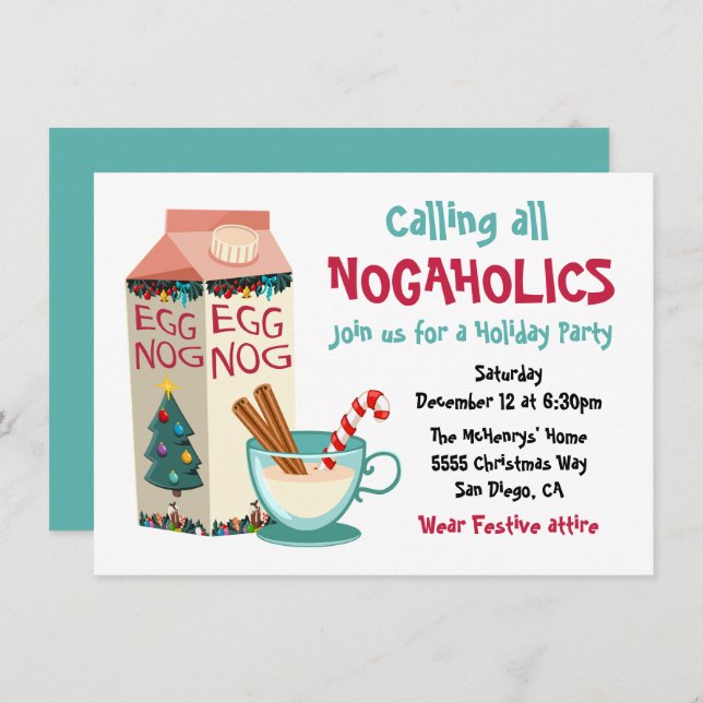 Funny Eggnog Nogaholics Christmas Cocktail Party Invitation (Front/Back)