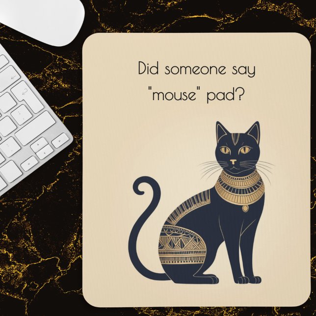Funny Egyptian-Inspired Black Cat Mouse Pad (A funny mouse pad for cat lovers, with black and faux gold Egyptian cat picture and humorous caption)