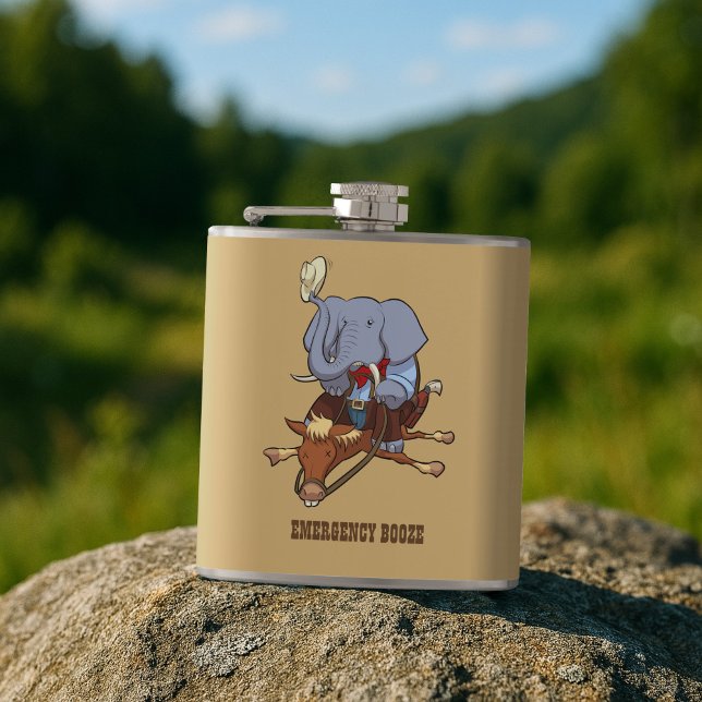 Funny Elephant Emergency Booze Cowboy Cartoon Hip Flask (Creator Uploaded)