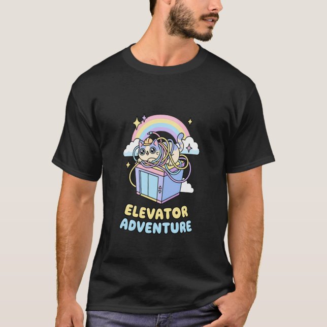 Funny Elevator Mechanic Cute Kitten Hat Cables T-Shirt (Front)