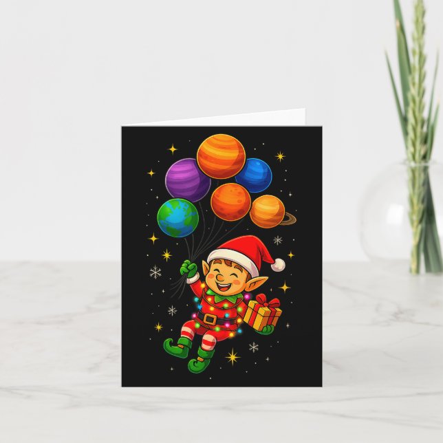 Funny Elf Astronaut With Planets Christmas Pjs For Card (Front)