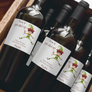 Funny Elf Christmas Elfed Up Wine Wine Label